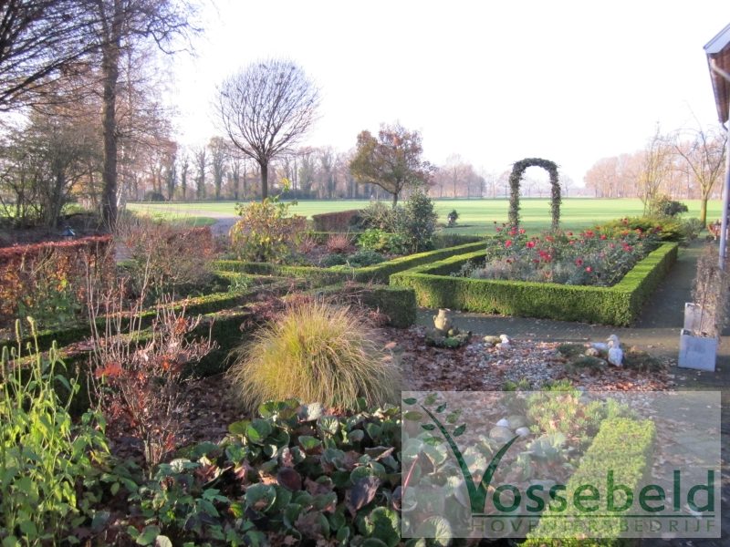Tuin met borders, grindpad en houten schutting, aangelegd door Vossebeld
